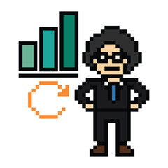 Obraz premium Cartoon cute pixel cartoon 8bit character business man businessman smart work game decoration business 8 bit male career smart character game 8bit png vector.