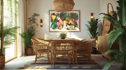 Tropical dining room with rattan furniture and leaf artwork