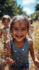 Obraz premium A happy child enjoys playing outside in the water spray