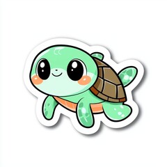 Obraz premium Adorable Cartoon Sea Turtle Sticker - Kawaii Green Turtle Illustration
