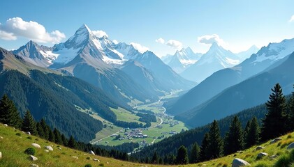 Obraz premium Scenic view of snow-capped peaks and lush valleys in the Caucasian mountains, panoramic, mountain range