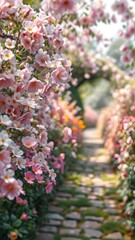 Fototapeta premium A beautiful floral pathway perfect for a phone wallpaper, showcasing vibrant flowers and serene nature. 