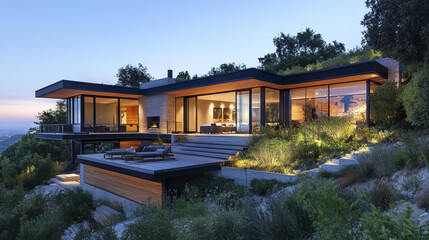 Fototapeta premium Modern hillside house with cantilevered deck at twilight, surrounded by lush greenery