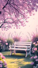 A serene garden scene with a pink bench surrounded by blooming flowers, ideal for a calming phone wallpaper.  