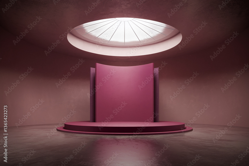 Poster crimson platform and backdrop in a minimalist room, illuminated by a skylight. showcase, product dis