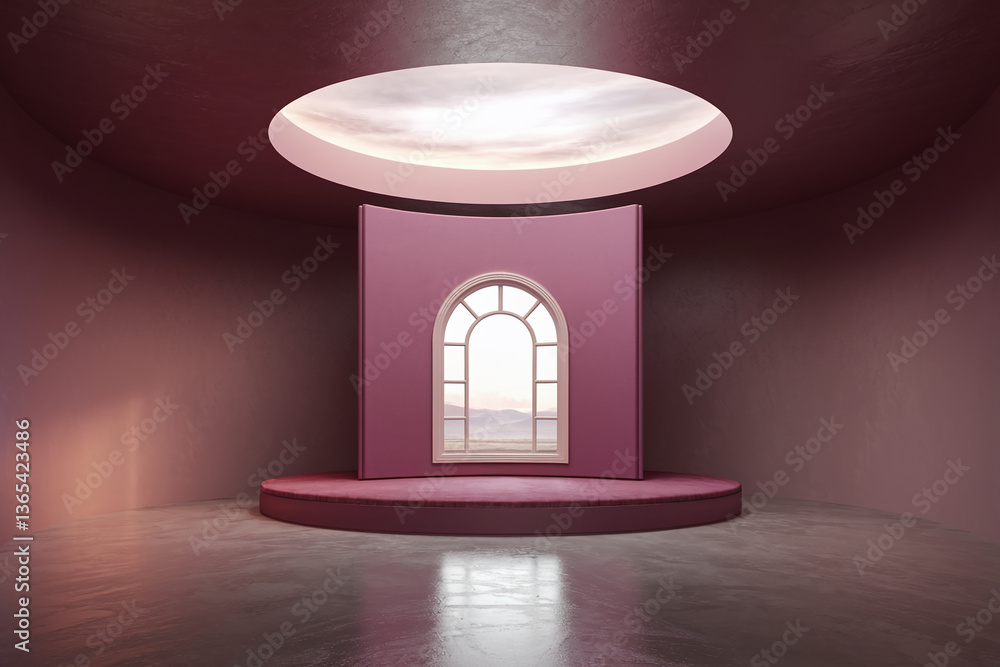 Poster Circular mauve podium in a mauve room with arched window showcasing a landscape view and a circular skylight, creating a serene and minimalist product display scene