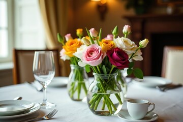Small bouquets of assorted flowers arranged in glass vases on elegant table setting,  assorted,  celebration