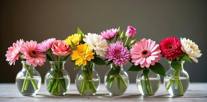 Small bouquets of different colored flowers arranged in glass vases for elegant table centerpieces,  arrangement,  table centerpieces