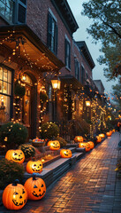 Halloween product display background podium, Classic Trick-or-Treat Street, brick, glowing jack-o’-lanterns, Halloween-decorated neighbourhood street, Cobweb houses, nostalgic and festive energy, ad