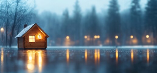 Obraz premium Cabin by lake reflecting lights