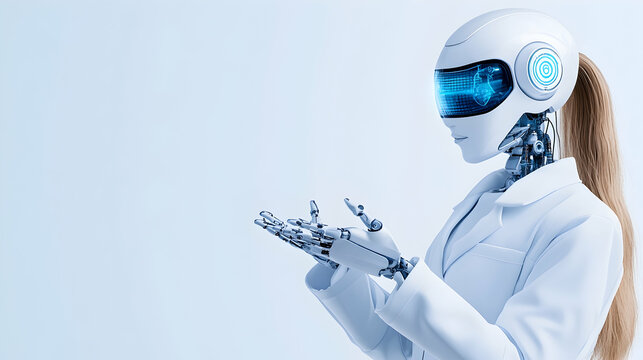 Female robot in white suit presenting on light blue background