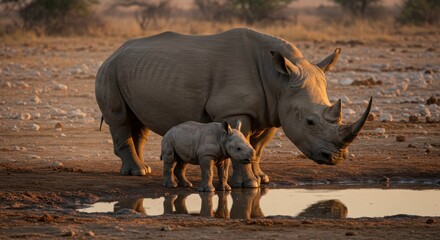 Fototapeta premium White rhino mother and baby in the wild safari park