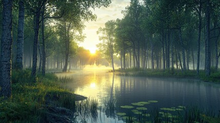 Obraz premium Misty Forest at Sunrise with Clear Lake for Environmental Hope and Nature Preservation