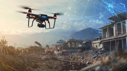 An AI powered disaster response drone, surveying earthquake-hit areas to assist in rescue operations, Disaster tech style