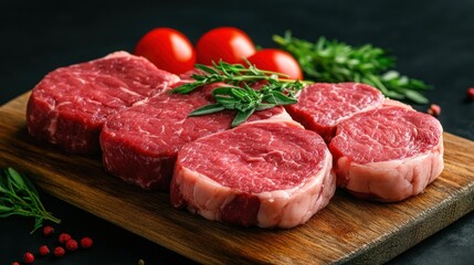 Fototapeta premium Juicy Raw Steaks on Wooden Board, Ready to Grill