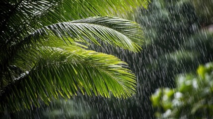Fototapeta premium A dense canopy of rain-drenched palm trees absorbing moisture from the atmosphere.