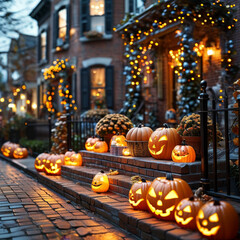 Obraz premium Halloween product display background podium, Classic Trick-or-Treat Street, brick, glowing jack-o’-lanterns, Halloween-decorated neighbourhood street, Cobweb houses, nostalgic and festive energy, ad