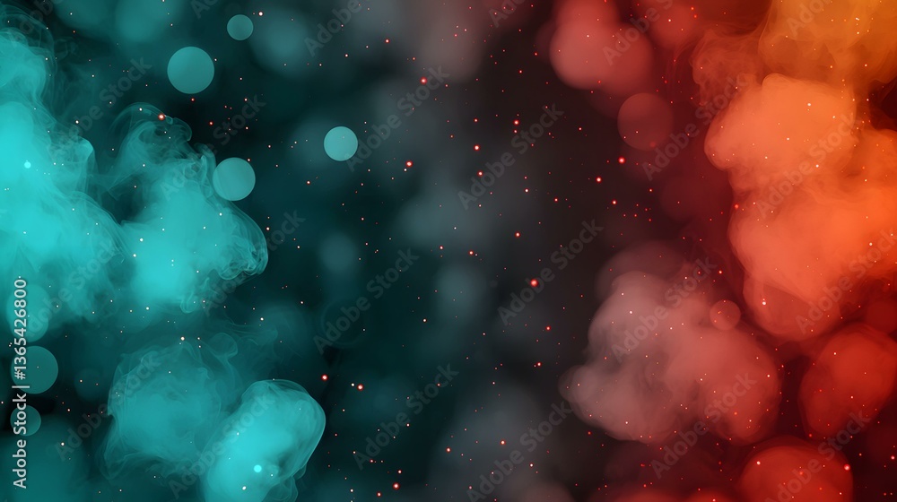 Poster the image contains an abstract representation of two contrasting nebulae, one teal and one reddish-o
