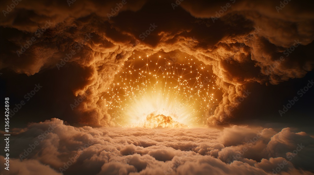 Poster a fiery explosion erupts from within a dark, swirling cloud formation, its light illuminating a netw