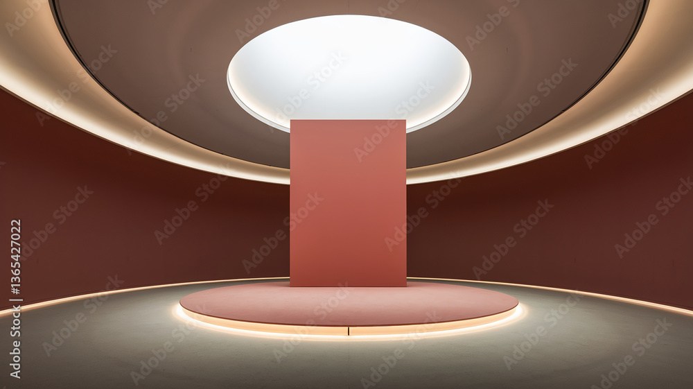 Poster Minimalist interior with a pink podium and wall, illuminated by soft light, creating a clean and modern showcase, ideal for product displays or presentations