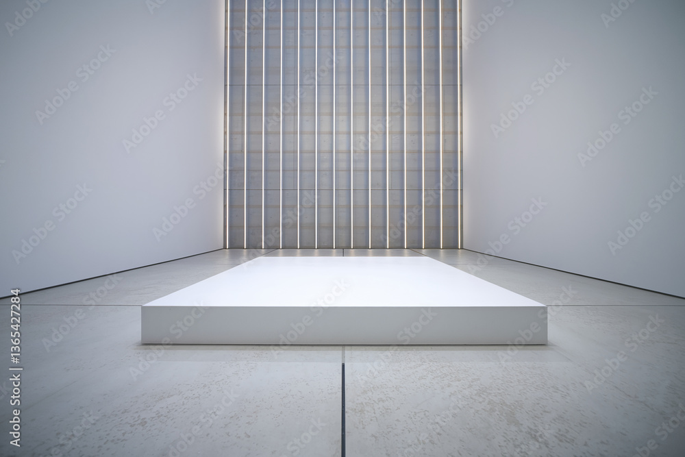 Poster minimalist white platform in a modern, bright room with grey wall and subtle lighting, showcasing a 