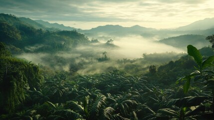 A field of coffee plants growing on a tropical hillside under a misty sky.