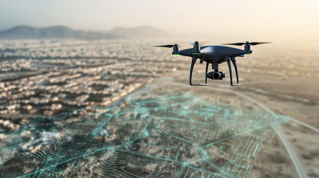 An AI powered drone based surveying system, capturing high-resolution aerial images and generating 3D models for land development projects, Surveying tech style