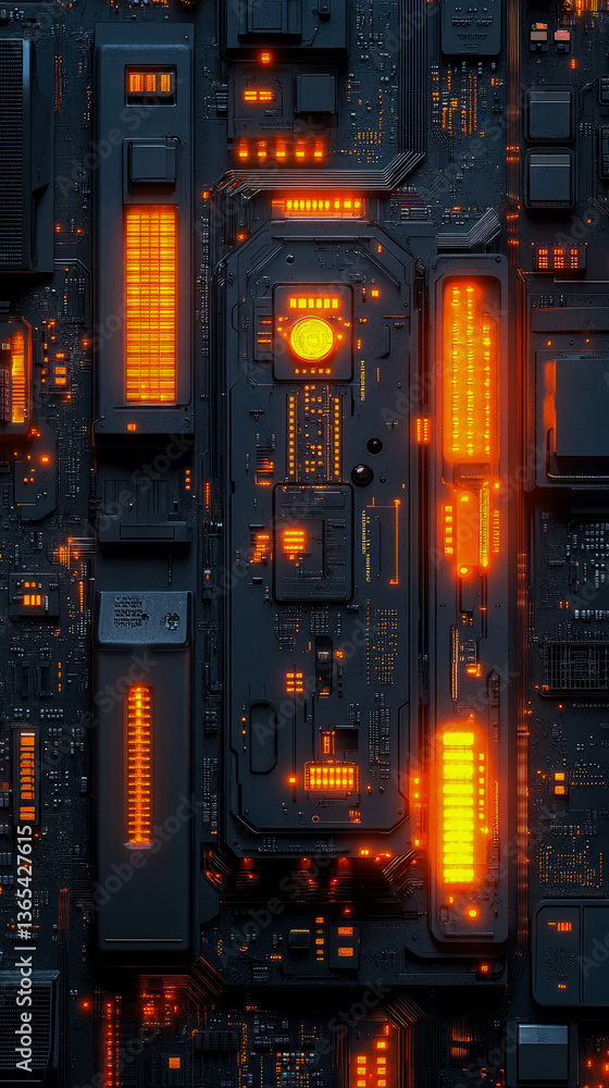 Aufkleber intricate circuitry: a high-tech microprocessor with glowing orange elements, sci-fi digital abstrac