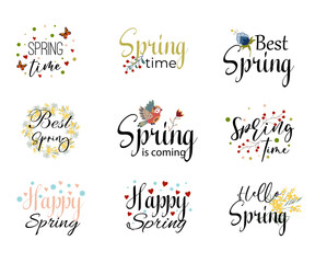 Spring stickers. Seasonal lettering. Spring lettering with flowers and birds. Stickers for decorating designs. Vector illustration.