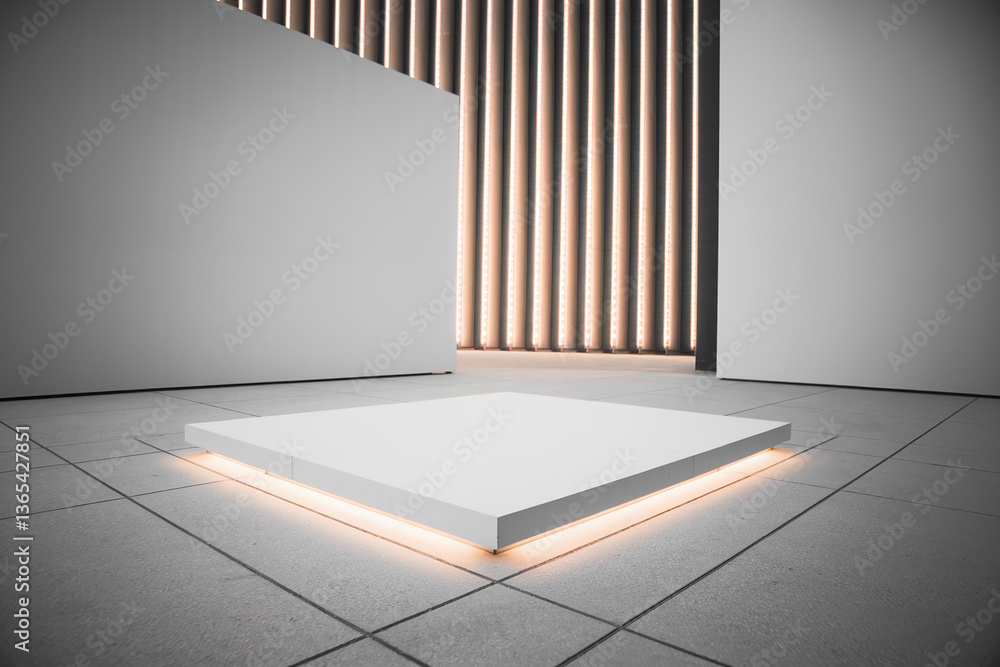 Poster white square podium with subtle orange lighting, situated on gray tiled floor against minimalist bac