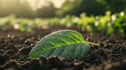 Vibrant green leaf with dewdrops on fresh soil, symbolizing nature's resilience and beauty.

