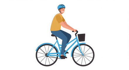 Obraz premium Young man wearing a helmet, riding a blue city bike with a front basket, isolated on a white background.