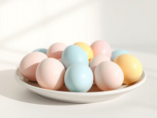 A white plate holding colorful eggs