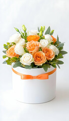 Floral arrangement roses and greenery in a round box with ribbon on a white backdrop
