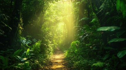 Obraz premium A pathway through a dense rainforest, sunlight filtering through the canopy.