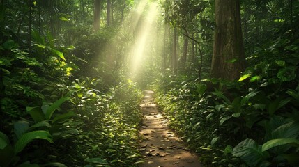 Naklejka premium A pathway through a dense rainforest, sunlight filtering through the canopy.