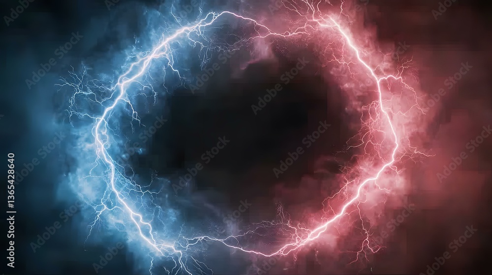 Poster the image contains a circular frame formed by blue and red lightning bolts against a dark background