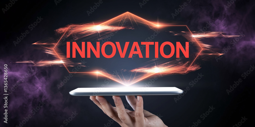 Poster tablet displaying glowing innovation word, showcased in abstract geometric frame, symbolizing techno