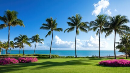 A peaceful tropical landscape with scattered palm trees and a soft ocean breeze.