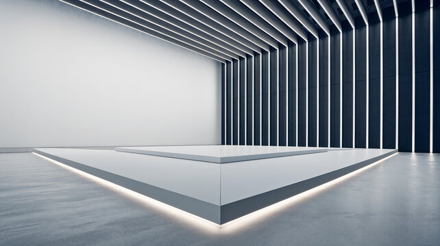 White platform with elevated square section, minimalist design, modern architecture, clean lines,  lit base, blank space, showcase concept