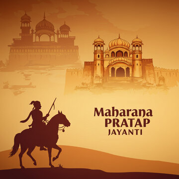 Maharana Pratap Jayanti Greeting with Warrior Silhouette and Indian Forts Background
