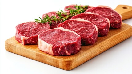 Delicious Raw Beef Steaks on Wooden Board