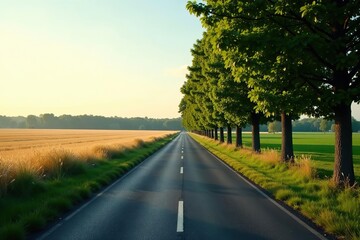 Fototapeta premium Scenic countryside road lined with trees, viewed from a distance, showcasing the beauty of rural landscapes, scenic, horizon