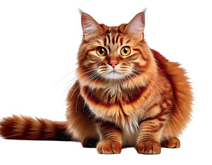 Obraz premium A stunning ginger cat with captivating amber eyes sits against a pristine white background. Its luxurious, thick fur is richly colored, enhancing its regal demeanor.