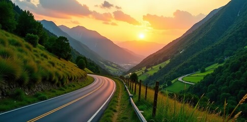 Scenic drive through lush valley at sunset with winding road and car,  adventure,  road trip