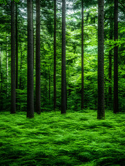 Fototapeta premium Forest floor with green plants surrounded by tall trees Vertical shot