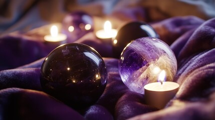 Obsidian Amethyst Orbs and Candles on Velvet 