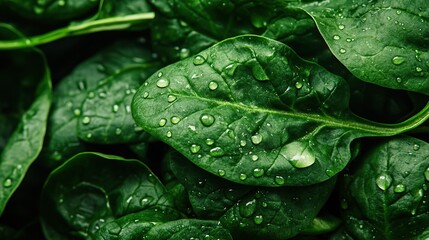Close-up of fresh green spinach leaves with water droplets, emphasizing its vibrant and lush texture, creates an enticing backdrop for healthy eating or cooking.