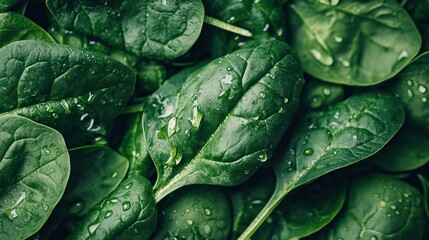 Obraz premium Close-up of fresh green spinach leaves with water droplets, emphasizing its vibrant and lush texture, creates an enticing backdrop for healthy eating or cooking.