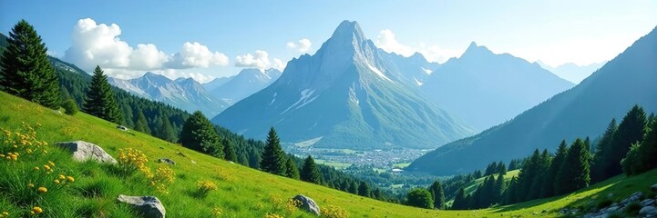 Fototapeta premium Scenic landscape featuring majestic mountains towering in the distance, with lush greenery in the foreground, nature, peaceful